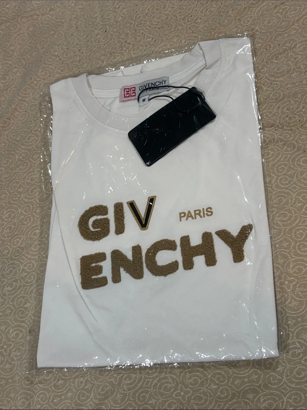 Givenchy White Short Sleeve Logo Tee with Beige Accents